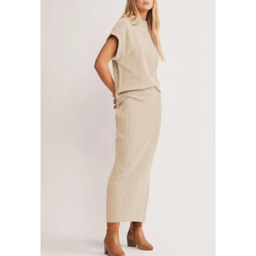 Pink Queen Women Spring Skirt Outfits Cap Sleeve Sweater Tops Ribbed Bodycon Knit Date Night Maxi Dress Set Apricot M