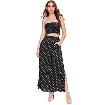 Floerns Women's Summer Printed 2 Piece Outfit Crop Tops and Long Skirt Set with Pockets Black M
