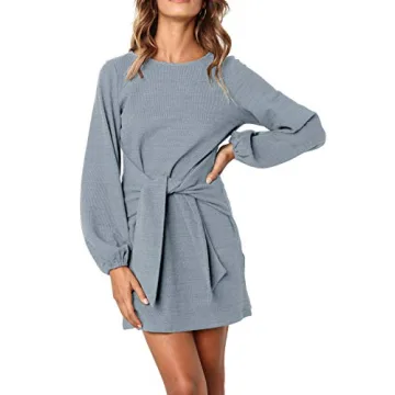 Stylish R.Vivimos Tie Waist Sweater Dress in Haze Blue