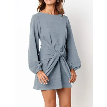 Stylish R.Vivimos Tie Waist Sweater Dress in Haze Blue