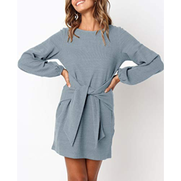 Stylish R.Vivimos Tie Waist Sweater Dress in Haze Blue