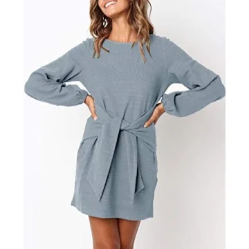 Stylish R.Vivimos Tie Waist Sweater Dress in Haze Blue