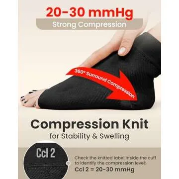 KEMFORD Ankle Compression Sleeve - Plantar Fasciitis Braces - Open Toe Compression Socks for Swelling, Sprain, Neuropathy, Foot Arch Support for Men and Women - 20-30mmhg, M, Black