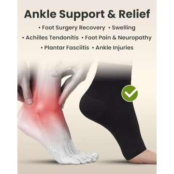 KEMFORD Ankle Compression Sleeve - Plantar Fasciitis Braces - Open Toe Compression Socks for Swelling, Sprain, Neuropathy, Foot Arch Support for Men and Women - 20-30mmhg, M, Black