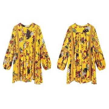 R.Vivimos Women Cotton Long Sleeve Floral Print Casual Swing Short Dresses (Small,Yellow)