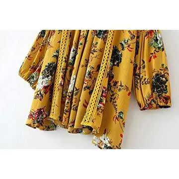 R.Vivimos Women Cotton Long Sleeve Floral Print Casual Swing Short Dresses (Small,Yellow)
