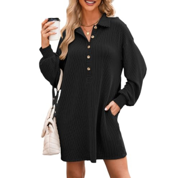 AlvaQ Dresses for Women Fall Clothes Solid Long Lantern Sleeve Collared Knit Ribbed Button Casual Tu...
