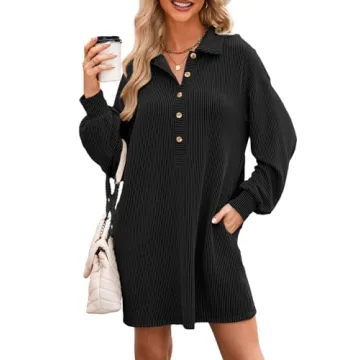 AlvaQ Dresses for Women Fall Clothes Solid Long Lantern Sleeve Collared Knit Ribbed Button Casual Tu...