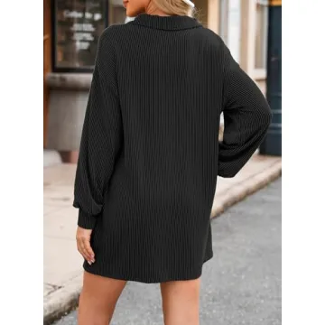 AlvaQ Dresses for Women Fall Clothes Solid Long Lantern Sleeve Collared Knit Ribbed Button Casual Tunic Shirt Mini Dress with Pockets Black Small