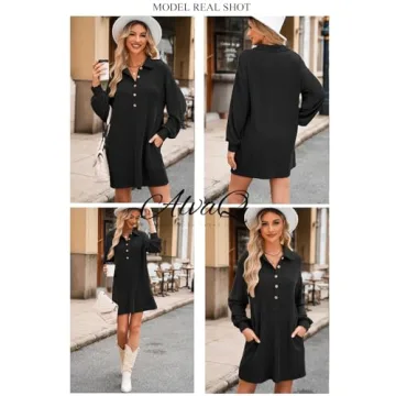 AlvaQ Dresses for Women Fall Clothes Solid Long Lantern Sleeve Collared Knit Ribbed Button Casual Tunic Shirt Mini Dress with Pockets Black Small