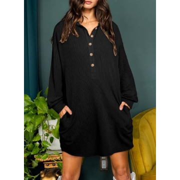AlvaQ Dresses for Women Fall Clothes Solid Long Lantern Sleeve Collared Knit Ribbed Button Casual Tunic Shirt Mini Dress with Pockets Black Small