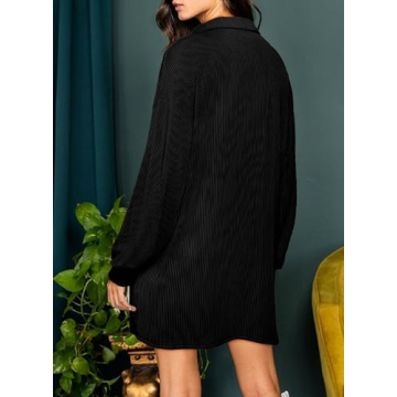 AlvaQ Dresses for Women Fall Clothes Solid Long Lantern Sleeve Collared Knit Ribbed Button Casual Tunic Shirt Mini Dress with Pockets Black Small