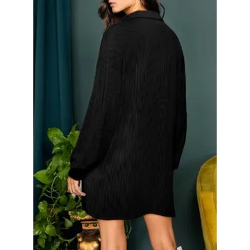 AlvaQ Dresses for Women Fall Clothes Solid Long Lantern Sleeve Collared Knit Ribbed Button Casual Tunic Shirt Mini Dress with Pockets Black Small