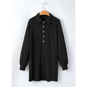 AlvaQ Dresses for Women Fall Clothes Solid Long Lantern Sleeve Collared Knit Ribbed Button Casual Tunic Shirt Mini Dress with Pockets Black Small