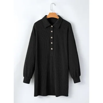 AlvaQ Dresses for Women Fall Clothes Solid Long Lantern Sleeve Collared Knit Ribbed Button Casual Tunic Shirt Mini Dress with Pockets Black Small