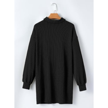 AlvaQ Dresses for Women Fall Clothes Solid Long Lantern Sleeve Collared Knit Ribbed Button Casual Tunic Shirt Mini Dress with Pockets Black Small