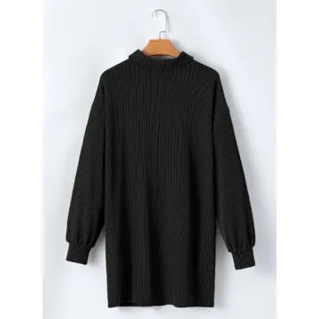 AlvaQ Dresses for Women Fall Clothes Solid Long Lantern Sleeve Collared Knit Ribbed Button Casual Tunic Shirt Mini Dress with Pockets Black Small