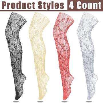 Jiuguva 4 Pack Women Lace Tights Patterned Fishnet Stockings Floral Pantyhose Stockings Red White Bl...