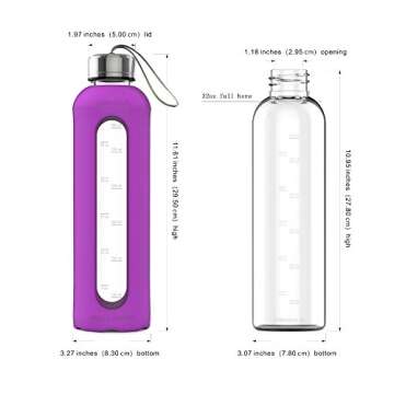 32 Oz Glass Water Bottle With Silicone Sleeve Leak Proof Lid 1L Time Marked Measurements BPA-Free For To-Go Travel At Home Reusable Eco Friendly Safe For Hot Liquids Tea Coffee Daily Intake (Purple)