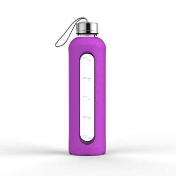 32 Oz Glass Water Bottle With Silicone Sleeve Leak Proof Lid 1L Time Marked Measurements BPA-Free For To-Go Travel At Home Reusable Eco Friendly Safe For Hot Liquids Tea Coffee Daily Intake (Purple)