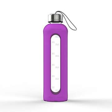 32 Oz Glass Water Bottle With Silicone Sleeve Leak Proof Lid 1L Time Marked Measurements BPA-Free For To-Go Travel At Home Reusable Eco Friendly Safe For Hot Liquids Tea Coffee Daily Intake (Purple)