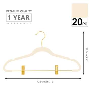 MIZGI Premium Velvet Pants Hangers with Adjustable Clips (Pack of 20) Slim Skirt Hangers- Non Slip Felt Outfit Dress Hangers Ivory - Gold Hooks,Space Saving Shirt Clothes Hangers