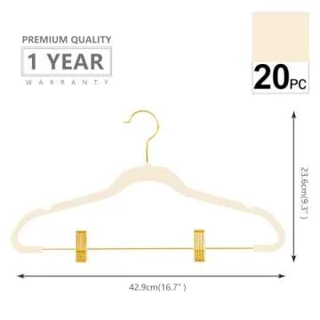 MIZGI Premium Velvet Pants Hangers with Adjustable Clips (Pack of 20) Slim Skirt Hangers- Non Slip Felt Outfit Dress Hangers Ivory - Gold Hooks,Space Saving Shirt Clothes Hangers
