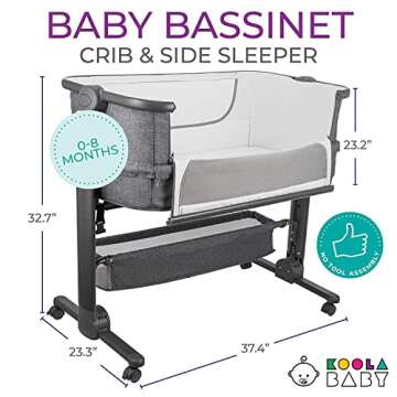 KoolerThings Baby Bassinet, Bedside Sleeper for Baby, Easy Folding Portable Crib with Storage Basket for Newborn, Bedside Bassinet, Comfy Mattress/Travel Bag Included (Bassinet) (Grey)