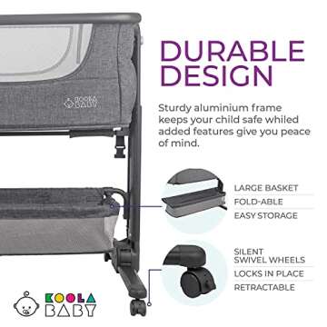 KoolerThings Baby Bassinet, Bedside Sleeper for Baby, Easy Folding Portable Crib with Storage Basket for Newborn, Bedside Bassinet, Comfy Mattress/Travel Bag Included (Bassinet) (Grey)