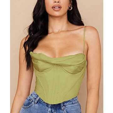 Meladyan Women Bustier Corset Top Spaghetti Strap Satin Cowl Neck Zip Back Boned Crop Cami Top Sexy Club Party Wear