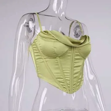 Meladyan Women Bustier Corset Top Spaghetti Strap Satin Cowl Neck Zip Back Boned Crop Cami Top Sexy Club Party Wear