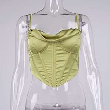 Meladyan Women Bustier Corset Top Spaghetti Strap Satin Cowl Neck Zip Back Boned Crop Cami Top Sexy Club Party Wear