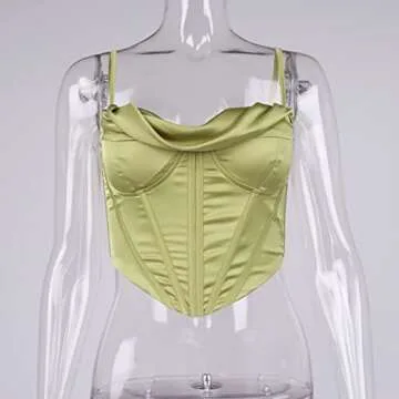 Meladyan Women Bustier Corset Top Spaghetti Strap Satin Cowl Neck Zip Back Boned Crop Cami Top Sexy Club Party Wear