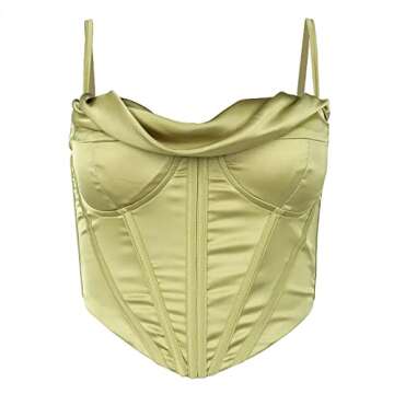 Meladyan Women Bustier Corset Top Spaghetti Strap Satin Cowl Neck Zip Back Boned Crop Cami Top Sexy Club Party Wear