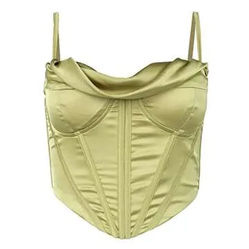 Meladyan Women Bustier Corset Top Spaghetti Strap Satin Cowl Neck Zip Back Boned Crop Cami Top Sexy Club Party Wear