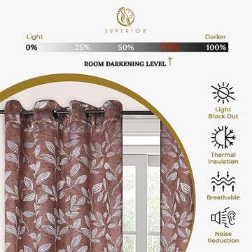 Superior Blackout Curtains, Room Darkening Window Accent for Bedroom, Sun Blocking, Thermal, Modern Bohemian Curtains, Leaves Collection, Set of 2 Panels, Rod Pocket - 42 in x 108 in, Copper