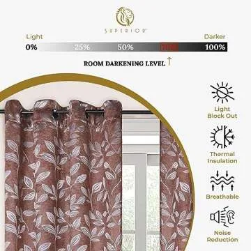 Superior Blackout Curtains, Room Darkening Window Accent for Bedroom, Sun Blocking, Thermal, Modern Bohemian Curtains, Leaves Collection, Set of 2 Panels, Rod Pocket - 42 in x 108 in, Copper
