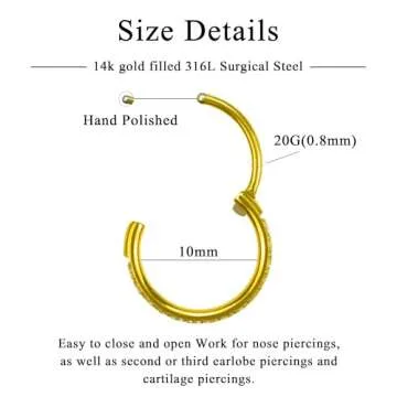 SmileBelle Gold Nose Ring,14k Hinged Nose Rings Hoops for Women 316L Surgical Steel Clicker Septum Rings, Gold Nose Hoop Huggie Earring for Upper Lobe Cartilage Helix Piercing Jewelry（6mm-20g）