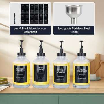 MSTCMZP Coffee Bar Accessories 4 Pack Coffee Syrup Dispenser for Coffee Bar,500ML Glass Coffee Syrup Pump Dispenser,Coffee Syrup Bottles with Labels (4pc Black)