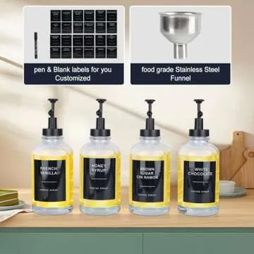 MSTCMZP Coffee Bar Accessories 4 Pack Coffee Syrup Dispenser for Coffee Bar,500ML Glass Coffee Syrup Pump Dispenser,Coffee Syrup Bottles with Labels (4pc Black)