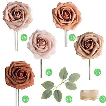 rongflower Artificial Flowers Real Looking Dusty Rose Colors Foam Fake Roses with Stems 25pcs for DI...