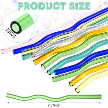 Eaasty 14 Pieces 8 x 200 mm Wavy High Borosilicate Transparent Glass Straws Cute Colored Glass Straw...