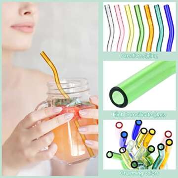 Eaasty 14 Pieces 8 x 200 mm Wavy High Borosilicate Transparent Glass Straws Cute Colored Glass Straws Fun Clear Hard Reusable Straws for Beverages, Coffee, Milk, Tea Straws(Bright Colors)