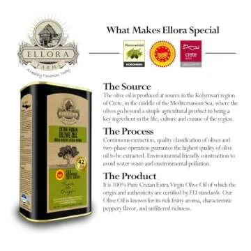 Ellora Farms, Certified PDO Extra Virgin Olive Oil, Single Estate, Single Origin, Single Variety, Cold Press & Traceable Olive Oil, Born in Crete, Greece, Kosher, 1 Lt Tin (33.8 oz.)