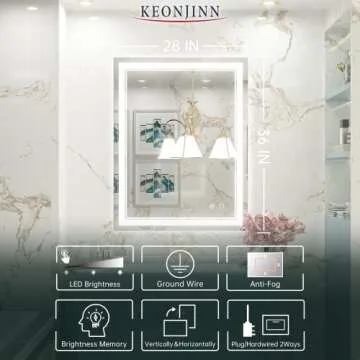 Keonjinn LED Bathroom Mirror with Lights, 28 x 36 Inch Front Lighted Vanity Mirror, HD Tempered Glass, UL-Listed LED Driver, Anti-Fog, 6000K Dimmale, Memory Function, Easy Installation