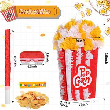 3D Popcorn piñata Carnival Movie Night piñata Red White Popcorn Bags piñata Movie Party Favors with Stick Blindfold Confetti Set for Movie Theme Party Circus Theme, Birthday Party Supply, 16 x 9 inch
