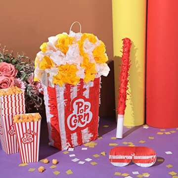 3D Popcorn piñata Carnival Movie Night piñata Red White Popcorn Bags piñata Movie Party Favors with Stick Blindfold Confetti Set for Movie Theme Party Circus Theme, Birthday Party Supply, 16 x 9 inch