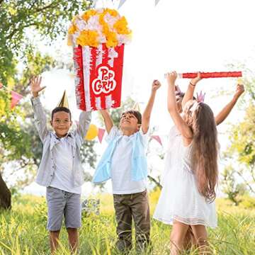 3D Popcorn piñata Carnival Movie Night piñata Red White Popcorn Bags piñata Movie Party Favors with Stick Blindfold Confetti Set for Movie Theme Party Circus Theme, Birthday Party Supply, 16 x 9 inch