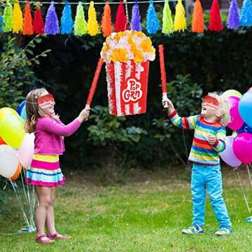 3D Popcorn piñata Carnival Movie Night piñata Red White Popcorn Bags piñata Movie Party Favors with Stick Blindfold Confetti Set for Movie Theme Party Circus Theme, Birthday Party Supply, 16 x 9 inch