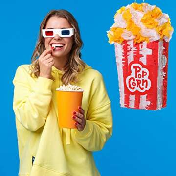 3D Popcorn piñata Carnival Movie Night piñata Red White Popcorn Bags piñata Movie Party Favors with Stick Blindfold Confetti Set for Movie Theme Party Circus Theme, Birthday Party Supply, 16 x 9 inch